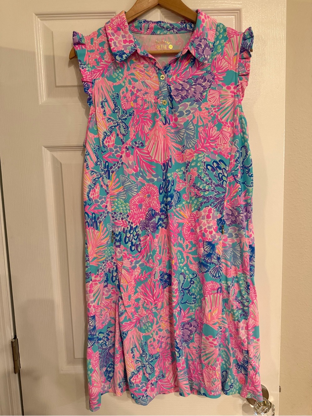 Lilly Pulitzer Luxletic Silvia Golf Dress XL Pink Aqua Floral UPF 50+